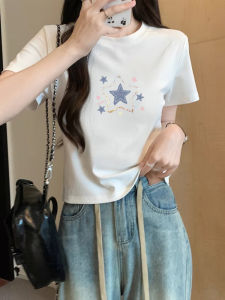 Áo Thun Nữ Dáng Rộng Tay Ngắn Mùa Hè Thiết Kế Vai Áo Ngắn Màu Trắng Cạp Cao Áo Thun Tay Ngắn in Họa Tiết Hoạt Hình