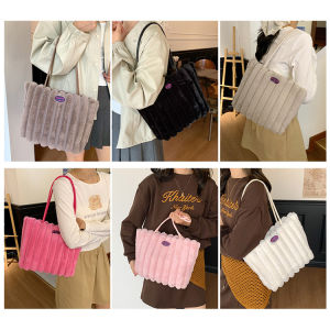 New Plush Women Tote Bag Cute Stripe Flurry Handbag Casual Shoulder Bag for Lady Girls