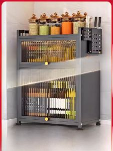 สแกนดิเนเวียนสไตล์ Multi-Layer Seasoning ตู้ประตูเหล็กคาร์บอนห้องครัว Rack ป้องกันฝุ่น Countertop Organizer