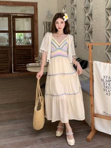 Womens Summer Large Size Hollow out Sun Protection Fringed Open Cardigan High Waist Long Sleeve V-Neck A-Line Dress Set