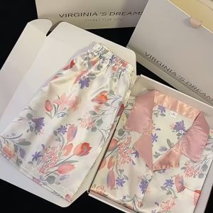 [LR07] Bộ Ngủ Mặc Nhà Pijama Lụa  Cộc Tay Họa Tiết Hoa Tulip Nữ Tính Phong Cách Hàn Quốc (HÀNG QUẢNG CHÂU) 2023