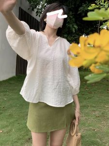 JoycisFriday เสื้อเชิ้ตผู้หญิงคอวีแขนยาวปานกลางผ้าไหมลินินฤดูร้อน ทรงหลวม สไตล์ OL เสื้อผ้าทำงาน เสื้อผ้าทำงาน