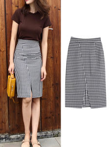 High Waist Plaid Mini Skirt Womens Elegant Half-length Slit Straight Cut Skirt plus Size Commute Style Summer Collection