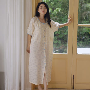 Expectant Mother Skirt Summer Short Sleeve with Chest Pad Confinement Clothing Summer Thin Postpartum Pure Cotton Gauze Nursing Nightdress Women