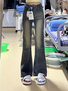 กางเกงยีนส์ทรงขาบานสไตล์อเมริกันย้อนยุคสำหรับผู้หญิงไซส์เล็ก กางเกงขายาวทรงตรงเอวสูง ทรงขาบาน ทรงกระต่าย ทรงสลิมฟิต กางเกงยีนส์ทรงกระต่าย