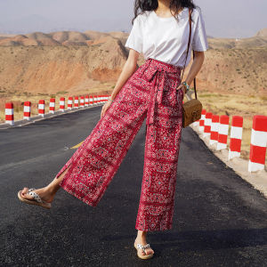 Thailand Beach Pants Women Bohemian Seaside Vacation Split Wide-Leg Pants Summer Ethnic Style Travel Print Long Pants