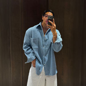 DAVID&ME | Light Blue Honeycomb Texture Turn-down Collar Long Sleeve Casual Loose Mens Shirt