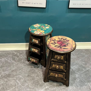 Minimalist Modern Bedroom Stool For Home Creative Three-Drawer Storage round Stool Retro Distressed Make-up Chair Scandinavian