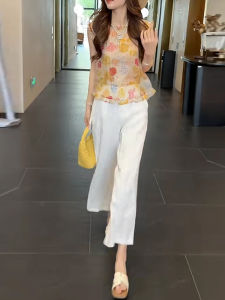 Shalldoer | ชุดเสื้อเชิ้ตพิมพ์ลายวินเทจและกางเกงขากว้างสไตล์ลำลองสำหรับฤดูร้อน ชุดสองชิ้น แขนสั้น คอโปโล กระดุม แขนยาว ชุดทำงาน