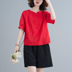 Loose Short Sleeve Cotton T-Shirt for Women Casual Artsy Style Embroidered Vintage Large Size Single Piece Pullover