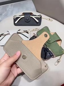 Portable Retro Handmade PU Leather Glasses Bag with Lanyard Hanging Sunglasses Case Simple Glasses Storage Box Sunglasses Case