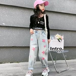 5-12 Year Old Korean Style Girls  Pants Jeans Embroidered Towel With Elastic Waistband And Folded Hems Fashionable Atmosphere Jeans