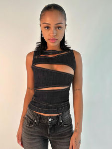 เสื้อกั๊กยีนส์ทรงเข้ารูปเซ็กซี่สำหรับผู้หญิงในช่วงฤดูร้อนปี 2025 ดีไซน์เก๋ไก๋ แขนกุด ทรงเข้ารูป แขนกุด ทรงเข้ารูป