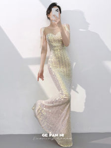 High-end Banquet Elegant Mermaid Sequin Dress with Fringe Shoulders