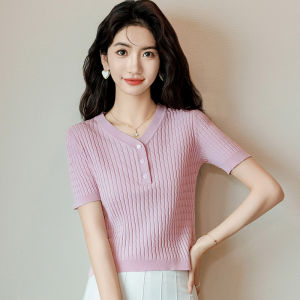 Viscose Ice Silk V-Neck Short-Sleeve T-shirt for Women Summer Slim Fit Knit Shirt with Creatively Designed Buttons