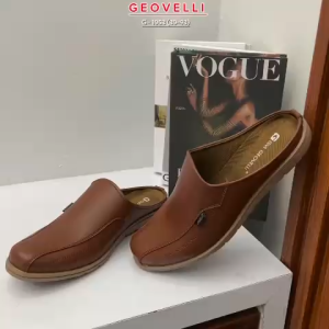 GEOVELLI - Sepatu Selop Pria Hitam Kulit Sandal Bustong Laki laki Sendal Tutong Casual Pansus Ori