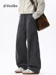 VESIBO | Herringbone Wide Leg Spliced Loose Retro Warm Mens Trousers