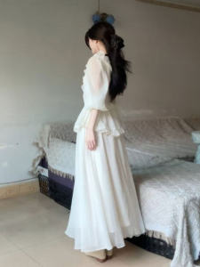 CHANGTONG | French Style Gentle Elegant Summer New High Waist Bell Sleeve Waist Cinching Long Dress Moisture Wicking A-Line Gown V-Neck Sleeveless