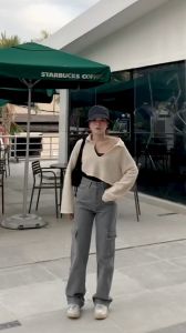 Jeans Highwaist Cargo Wanita Grey Abu Korean Style Pinggang tinggi High Waist