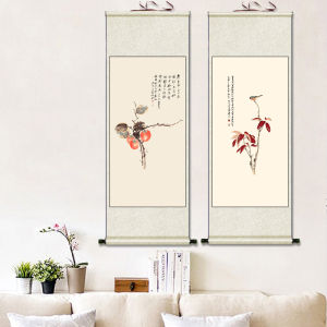 All the Best Zen Bird-and-Flower Painting Persimmon Xuan Paper Hanging Painting Study Traditional Chinese Painting Entrance Painting Orchid Schappe Silk Scroll