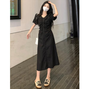 Plus Size Lightly Mature High Class Elegant V-neck Ruched Dress Plus Size Ladies Hepburn Style Waist-Tight Slimming Puff Sleeve Skirt