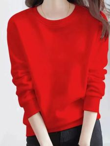 เสื้อฮู้ดคอกลมแขนยาวทรงหลวมสีแดงสำหรับผู้หญิง ผ้าฝ้ายแท้ ฤดูใบไม้ผลิและฤดูใบไม้ร่วง เสื้อคลุมกันหนาวแบบสวมหัว แฟชั่นแม่