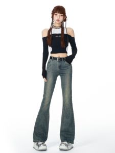 กางเกงยีนส์ทรงขาบานเอวสูงทรงสลิมฟิตสำหรับผู้หญิง กางเกงขายาวทรงเข้ารูปสไตล์ย้อนยุคแบบอเมริกัน กางเกงยีนส์ทรงเข้ารูปสำหรับผู้หญิง