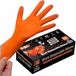 Găng Tay Nitrile Màu Cam Siêu Bền 8Mil Không Chứa Latex Bề Mặt Có Gân Kim Cương Chống Trơn Trượt Dùng Cho Thợ Máy Công Nghiệp Bảo Hộ Lao Động Và Thể Thao