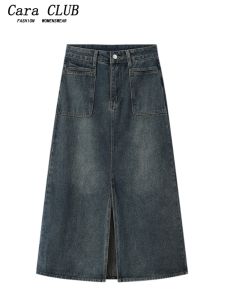 High Waist A-Line Denim Skirt for plus Size Women Cara CLUB Vintage Style Midi Skirt Slimming Effect Ideal for Autumn