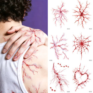 6 Sheets Large Halloween Temporary Tattoo Stickers -Red Lightning Vein Red bloodshot Loving Heart Design for Halloween Party
