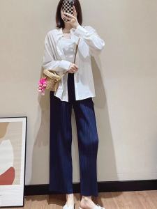 High Waist Wide Leg Pants Womens Casual Ice Silk Nine Points Summer Trousers Folded Hemline Eight Parts Harajuku Style