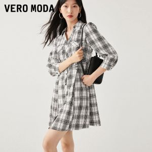 Vero Moda | Đầm Ngắn A-Line Cao Waist Vintage Họa Tiết Caro Tay Dài Ba Phân Tư