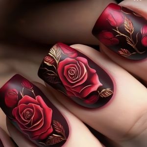 Short Medium fake nails for women girls red rose flowers for Valentines Day matte glossy Square nail tips press on false nail