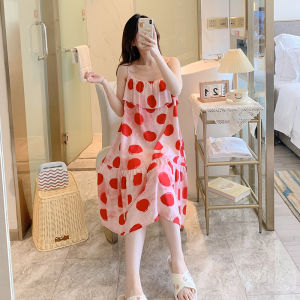 ฤดูร้อน 2024 ใหม่ ผู้หญิง ชุดนอน ผ้าฝ้าย ผ้าไหม ชุดนอนคอกลมแขนยาว กระโปรง ความยาวสบาย ระบายอากาศได้ดี ชุดราตรี