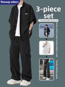 Silky Ice Short Sleeve Casual Shirt Three-Piece Set