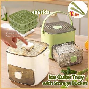 Portable Ice Cube Tray Press Ice Maker with Large Capacity Storage Bucket Ice Cube Mold for Freezer