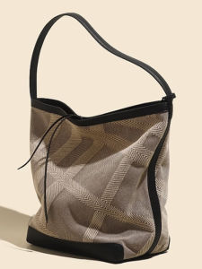 Womens Large Capacity Plaid Bucket Bag Tote Canvas Shoulder Bag Commuter Handbag Casual Simple Style Soft Polyester Lining