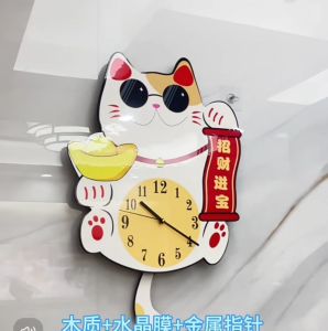 Good Luck Cat Wall Clock & Lucky Fortune Charms Pendulum Swing Decorative Clocks