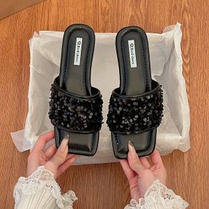 Dép Quai Hậu Đính Sequin Mùa Hè Đế Bằng Thường Ngày Cho Nữ Dép Quai Hậu Đế Bằng Đế Cao Su Màu Trơn Phong Cách Hàn Quốc