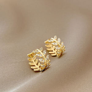 ต่างหูใบไม้ต่างหูห่วงเพทายเต็มตัวเครื่องประดับแฟชั่นผู้หญิง แบบเรียบง่าย