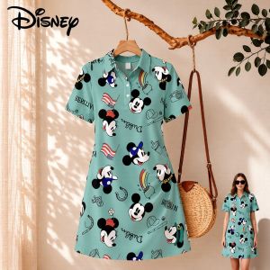 Disney | Womens Disney Mickey Mouse Print Polo Collar Dress Party 2026 Short Sleeve New Anime Woman Clothing Cuteore Elegant Gown Casual