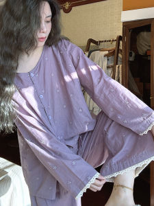 Pure Cotton Embroidered Sleepwear Set Womens Loose Fit Home Clothes Floral Pattern Spring Autumn Thin Long Sleeve Nightgown
