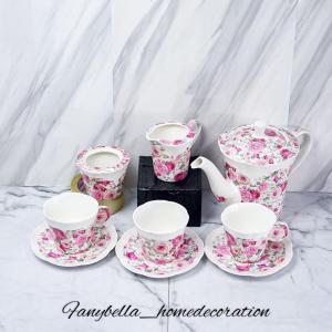 Cangkir Set Teh Kopi Porselen Keramik Import Mewah Motif Bunga Shabby chic Import Dekorasi Rumah