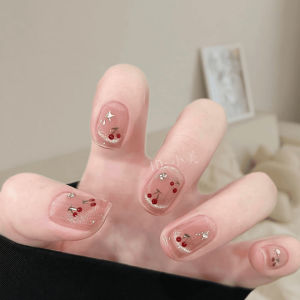 Hand-Painted Cherry Cats Eye Summer Dopamine Hand-Worn Nail Flash Student Short Nail Finished Manicure Detachable Nail Tip