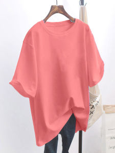 Women's Mid-Length Short-Sleeve Round Neck T-Shirt: A Solid Color Base Layer in Loose Fit Korean Style Casual Wear