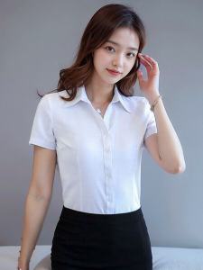 Pure White Shirt V-Neck Commute Striped Professional Workwear Slim Fit Korean Style Short Sleeve Business Casual Shirt