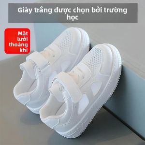 MONLEYTA | Giày thể thao lưới thoáng khí cho trẻ em Giày thể thao mùa hè cho bé trai và bé gái đi học trong nhà Giày bệt màu trắng