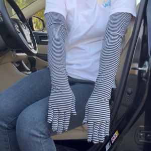 Summer Womens Cotton Stripe Sunscreen Gloves Cooling Drive Riding Long Sleeves Breathable Moisture-Wicking Cotton Finger Sleeves