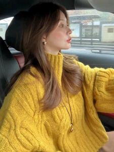 French Elegant Yellow Twisted Loose Womens Knitwear Half High Collar Bear Velvet Sweater Autumn Winter Outerwear Casual Style