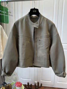 Early Spring Style Loose Fit Short Jacket Womens Fashionable Versatile Military Green Stand Collar Multi-Pocket Outerwear